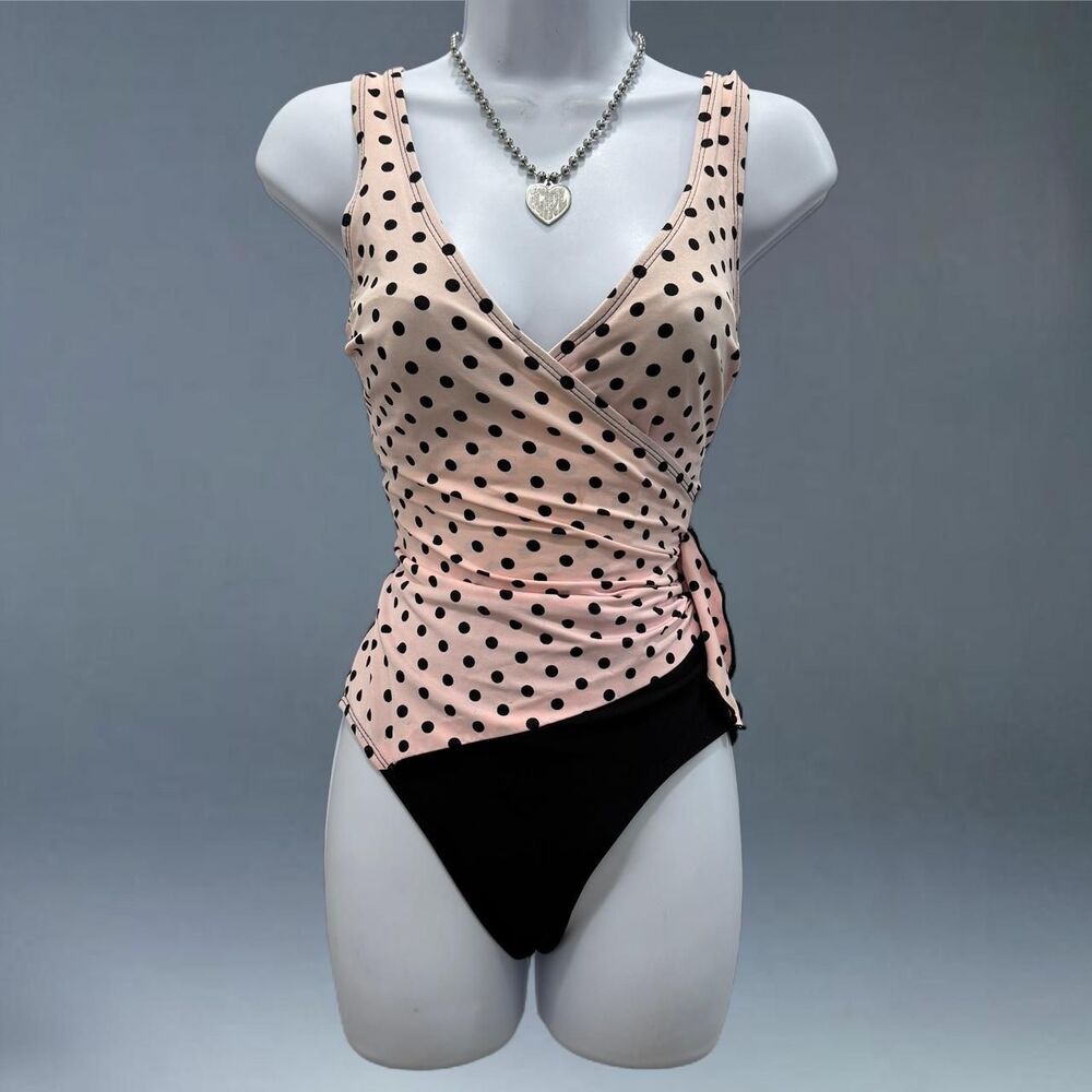 Vintage Polka Dot Wrap Swimsuit Longitude One Piece Pinup Size 8